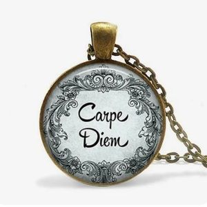 Carpe Diem Bronze Cabochon Glass Pendant Chain Necklace